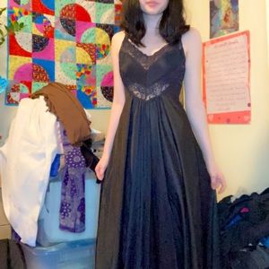 Long black dress with lacy top